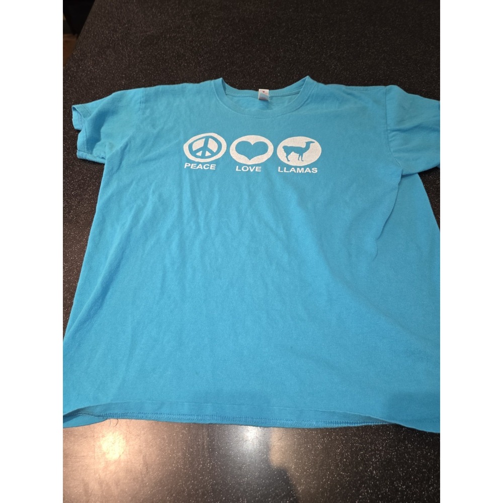 Anvil Peace Love Llamas T-Shirt Women's Medium Blue Graphic Tee 100% Cotton